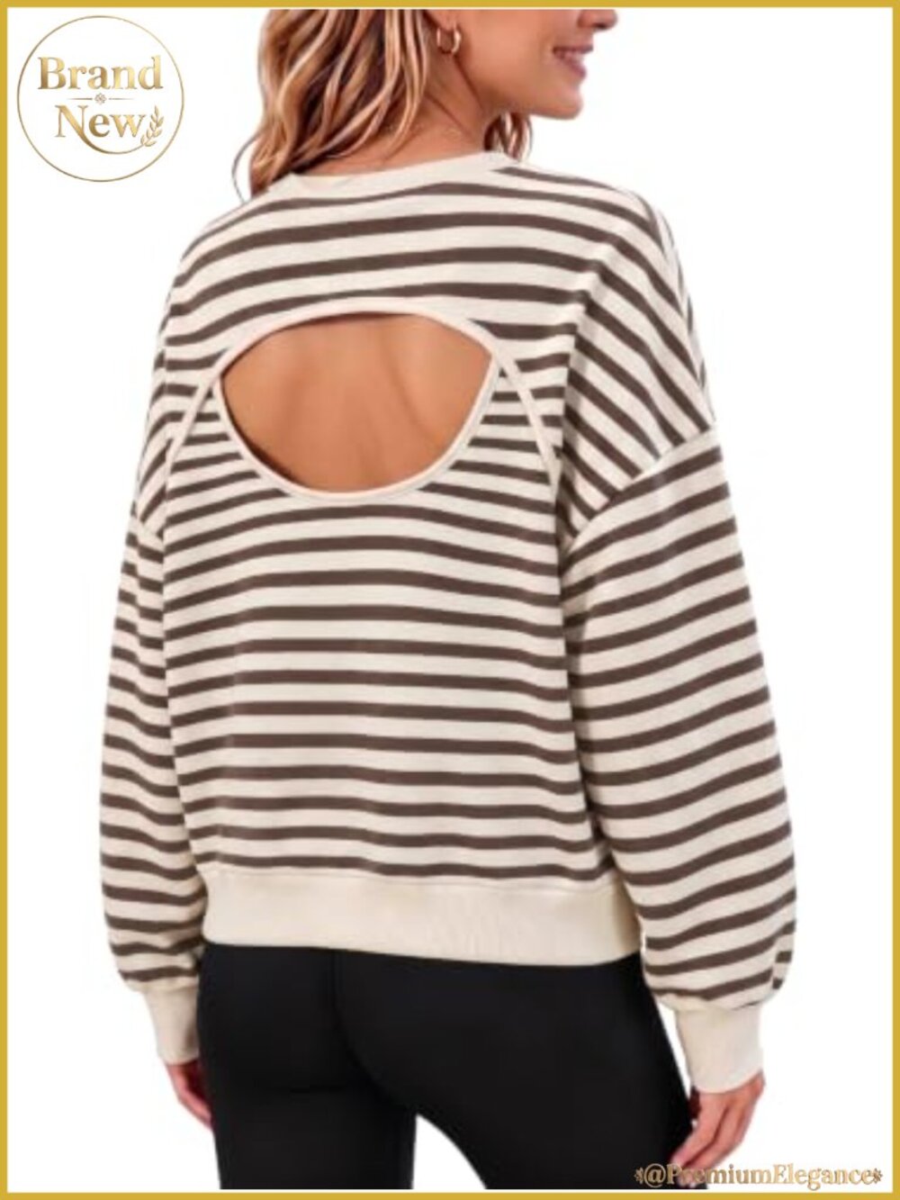 Oversized Striped Open Back Sweatshirt Long Sleeve Crew Neck Pullover Top